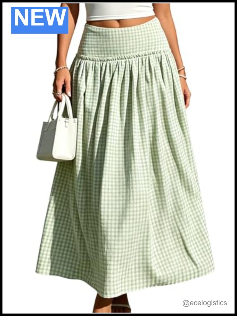 Gingham Plaid Midi Skirt Ruched Flowy Vacation Long Skirt